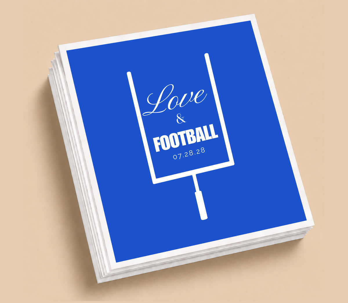 Personalized Love and Football wedding napkins featuring a football goalpost, blue background, white lettering, and sports-inspired wedding design.