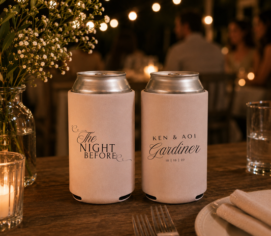 Blush pink personalized wedding can coolers featuring mountain landscape artwork