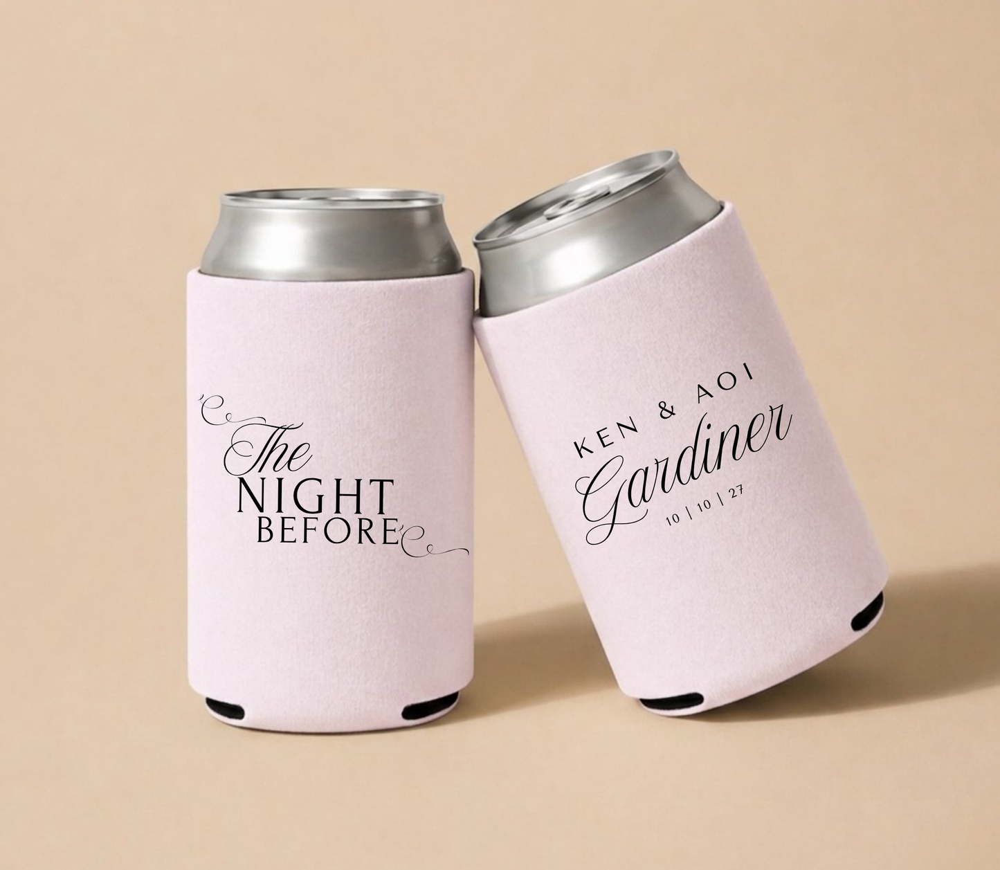 Blush pink personalized foam wedding can coolers featuring elegant "The Night Before" script design, custom names Ken and Aoi Gardiner, and wedding date October 10, 2027.