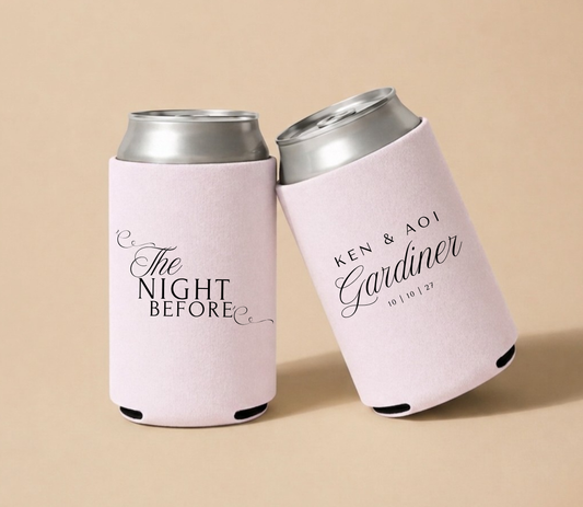 Blush pink personalized foam wedding can coolers featuring elegant "The Night Before" script design, custom names Ken and Aoi Gardiner, and wedding date October 10, 2027.