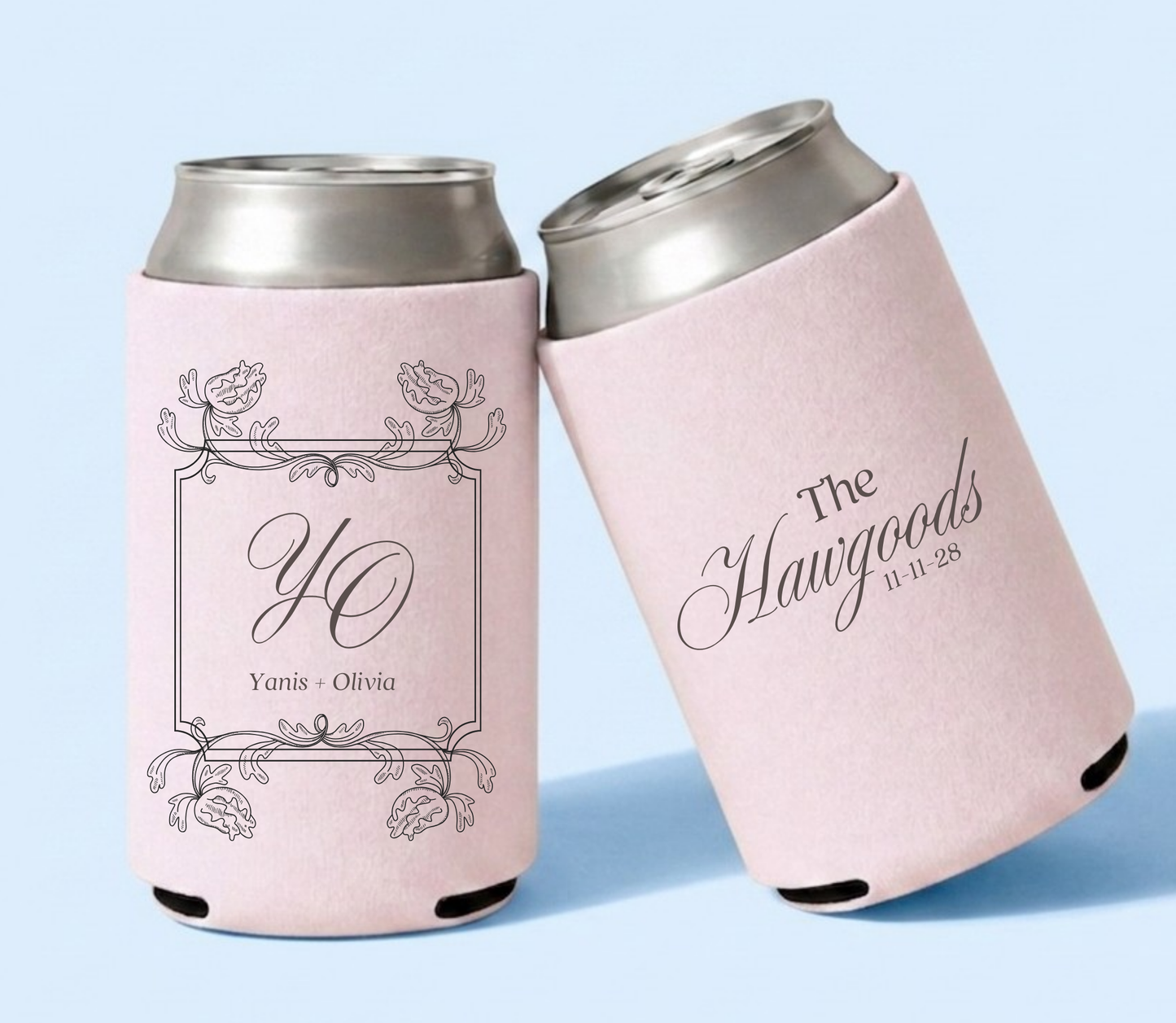Personalized blush pink wedding can coolers featuring a vintage floral frame with YO monogram and Yanis and Olivia names alongside The Hawgoods family name and wedding date.