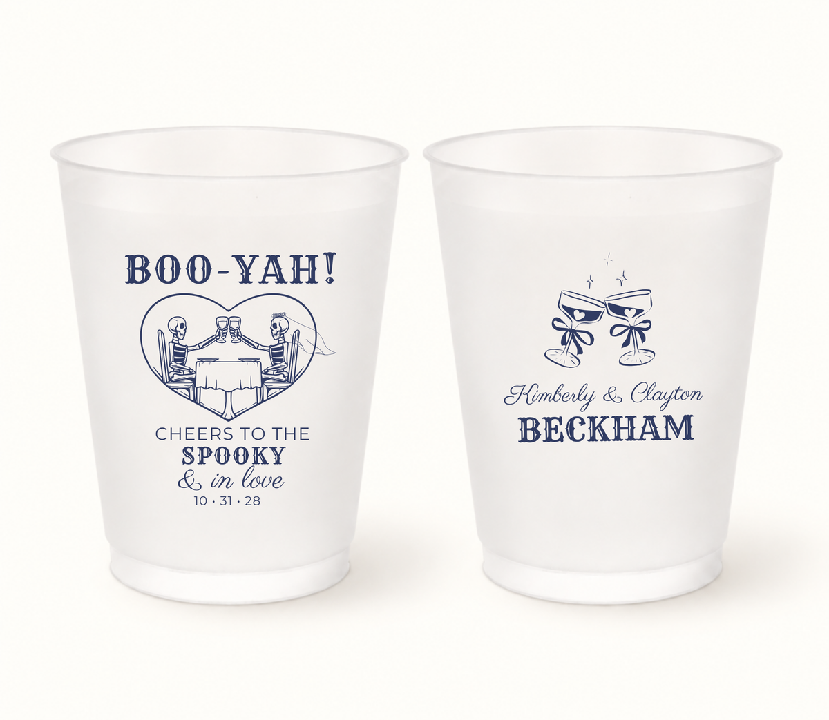 Personalized Boo-Yah Halloween wedding frosted cups featuring a skeleton couple clinking glasses, Cheers to the Spooky & in Love wording, custom couple names, surname, and wedding date.