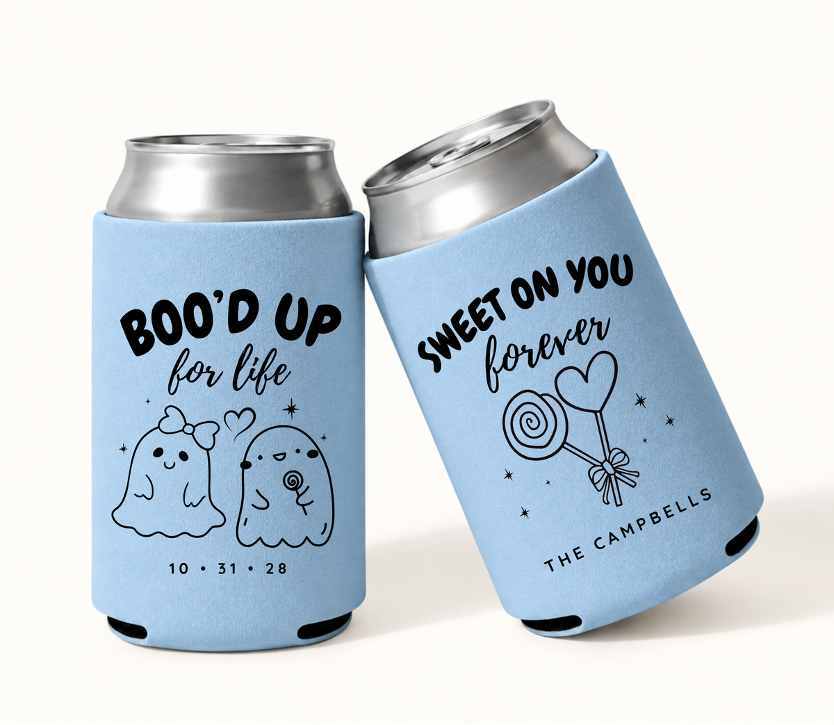 Personalized Boo’d Up for Life light blue Halloween wedding can coolers featuring a cute ghost couple, custom wedding date, family surname, and Sweet on You Forever candy design.