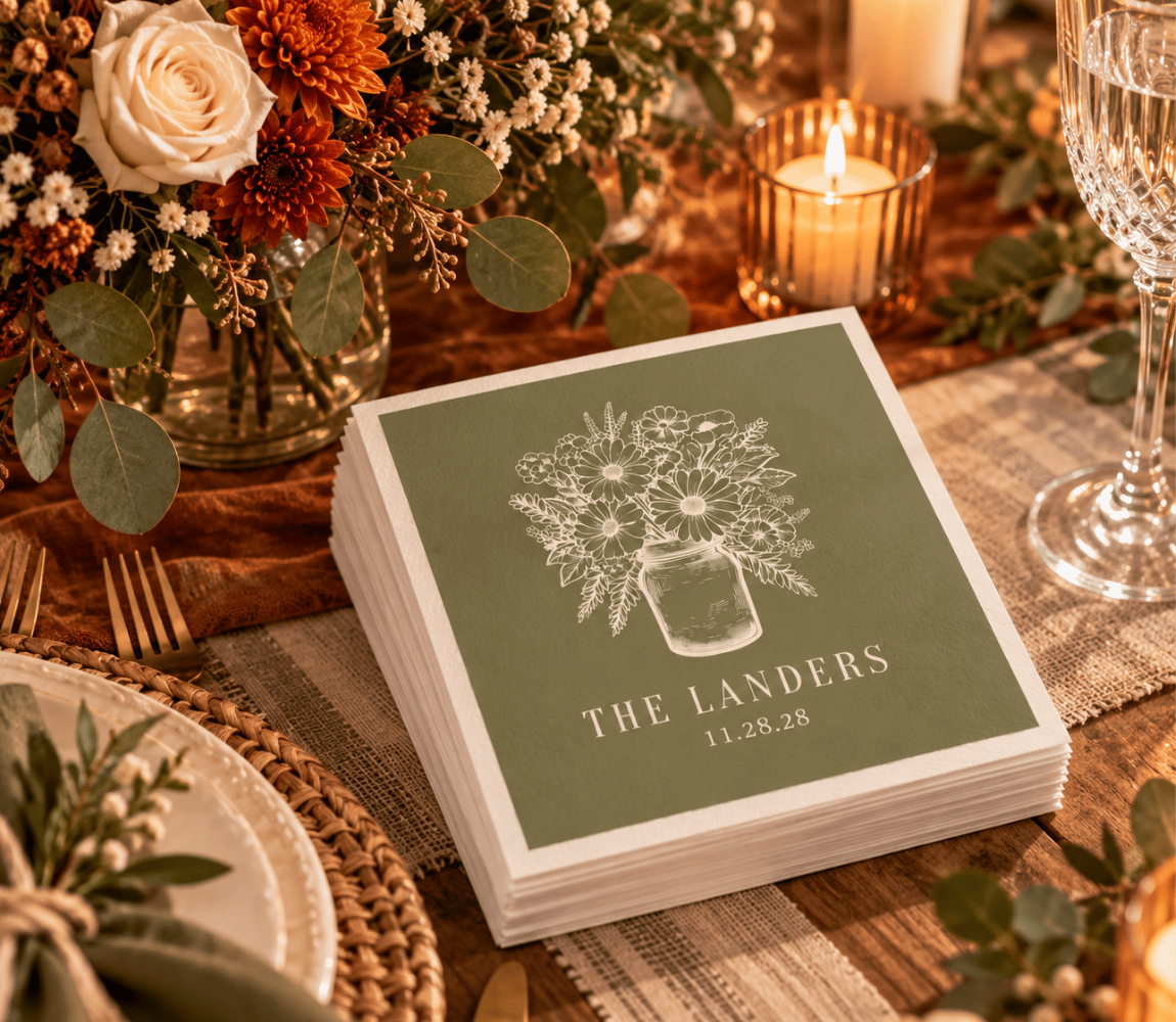 Olive green Thanksgiving wedding napkins featuring a detailed wildflower bouquet in a mason jar and custom family name.
