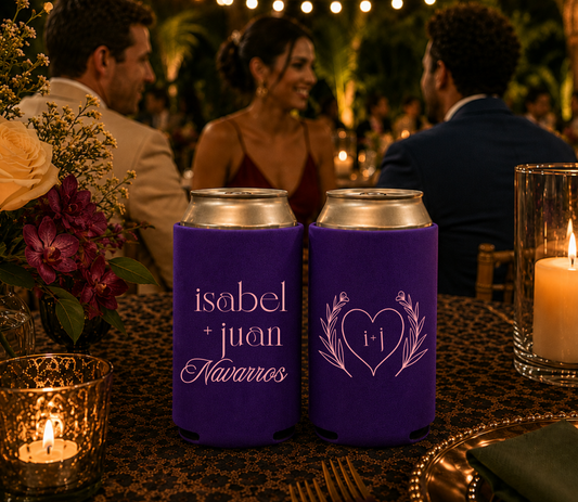 Personalized purple wedding can koozies.