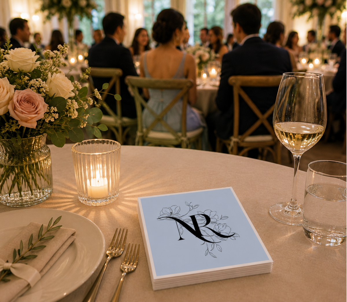Custom floral monogram wedding cocktail napkins.