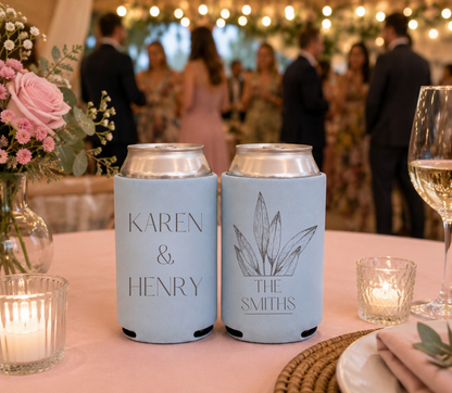 Custom powder blue wedding can koozies.