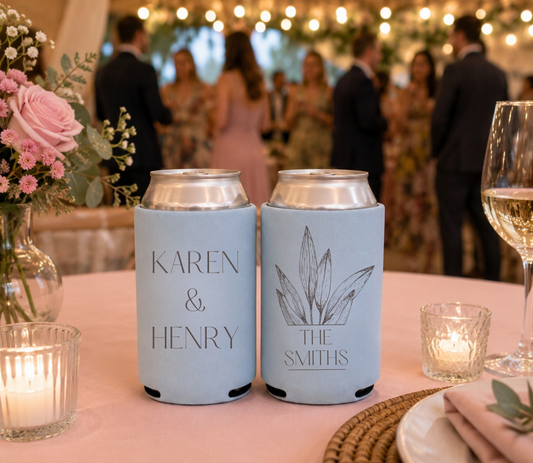 Custom powder blue wedding can koozies.
