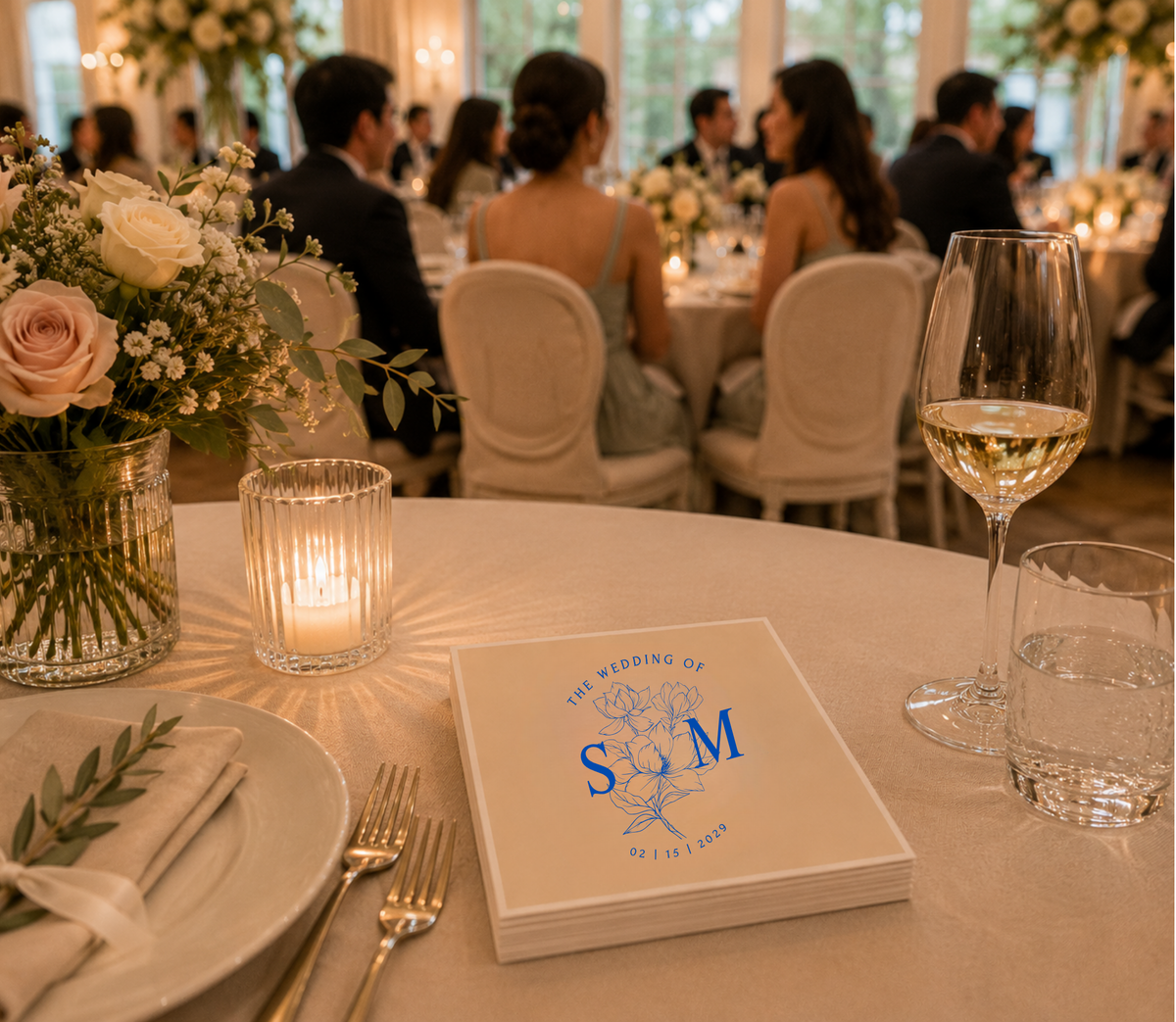 Custom floral initial wedding cocktail napkins.