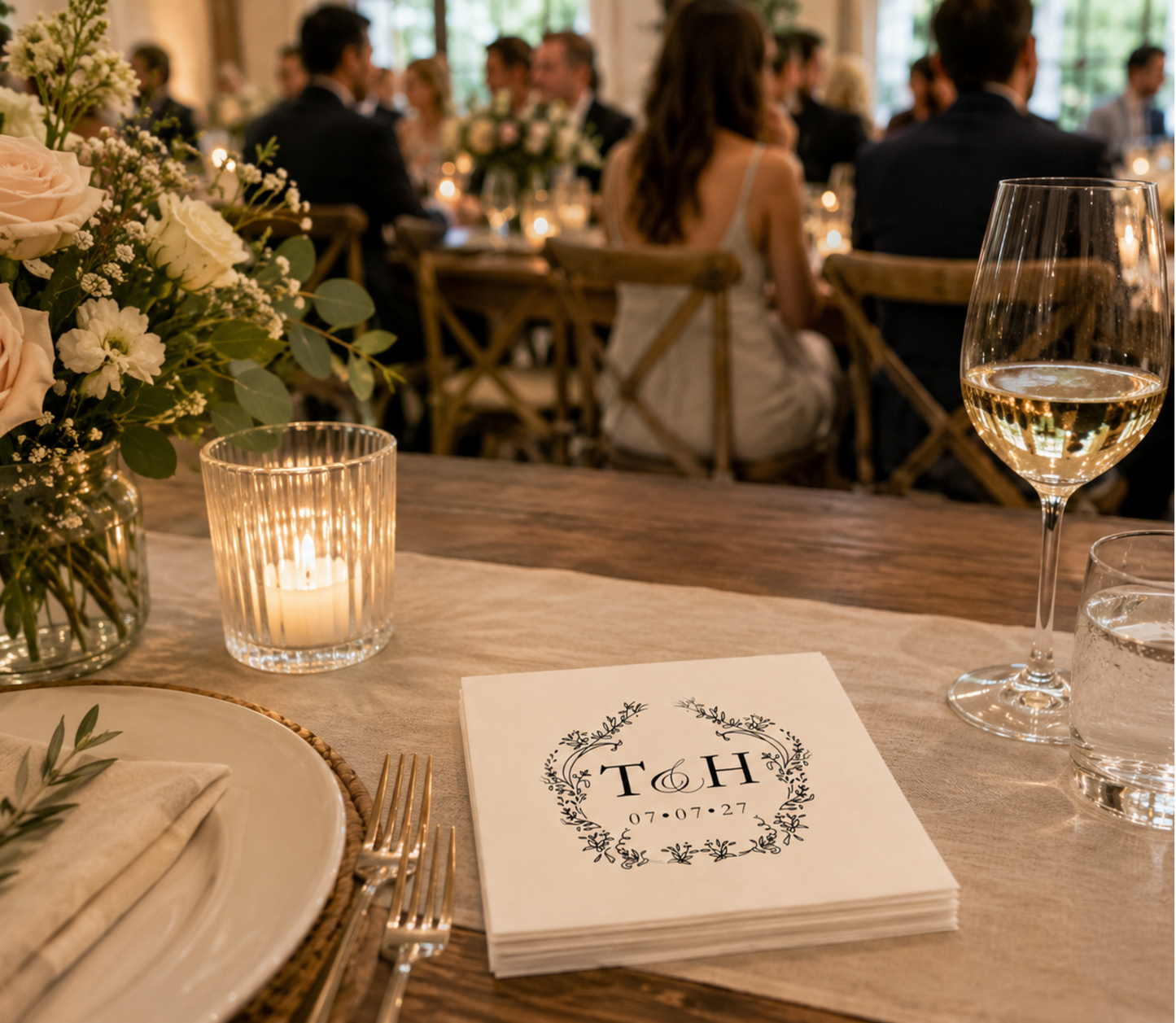 Custom floral monogram wedding cocktail napkins.