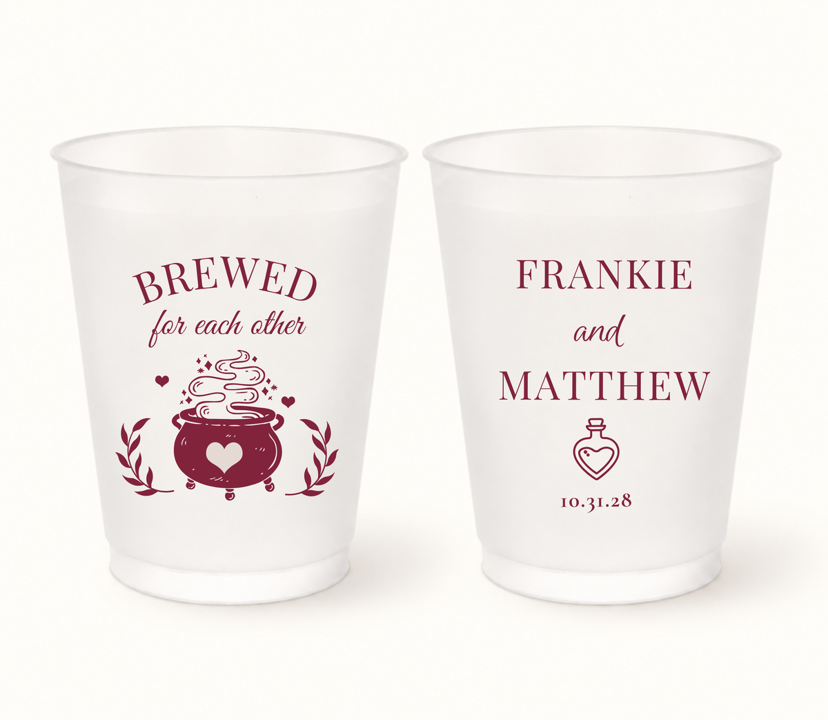 Personalized Brewed for Each Other Halloween wedding frosted cups featuring burgundy love potion cauldron artwork, custom couple names, wedding date, and heart potion bottle design.