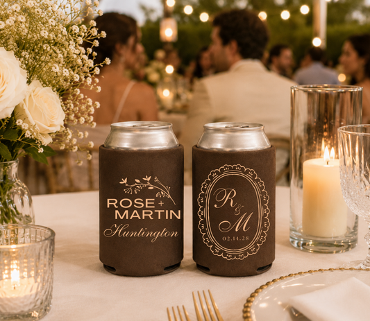 Brown personalized foam wedding can coolers 