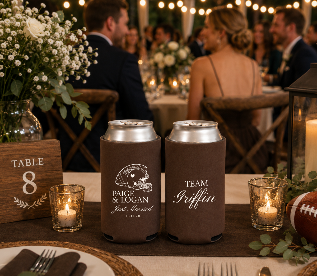 Personalized Team Griffin wedding can coolers featuring football helmet artwork and Just Married wording.