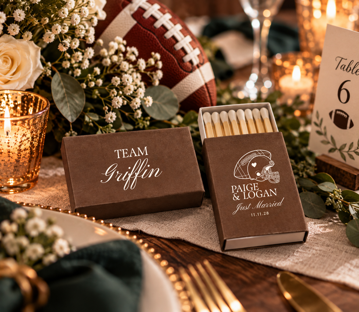Custom sports wedding matchboxes featuring a football helmet, couple names, Just Married wording, and wedding date.