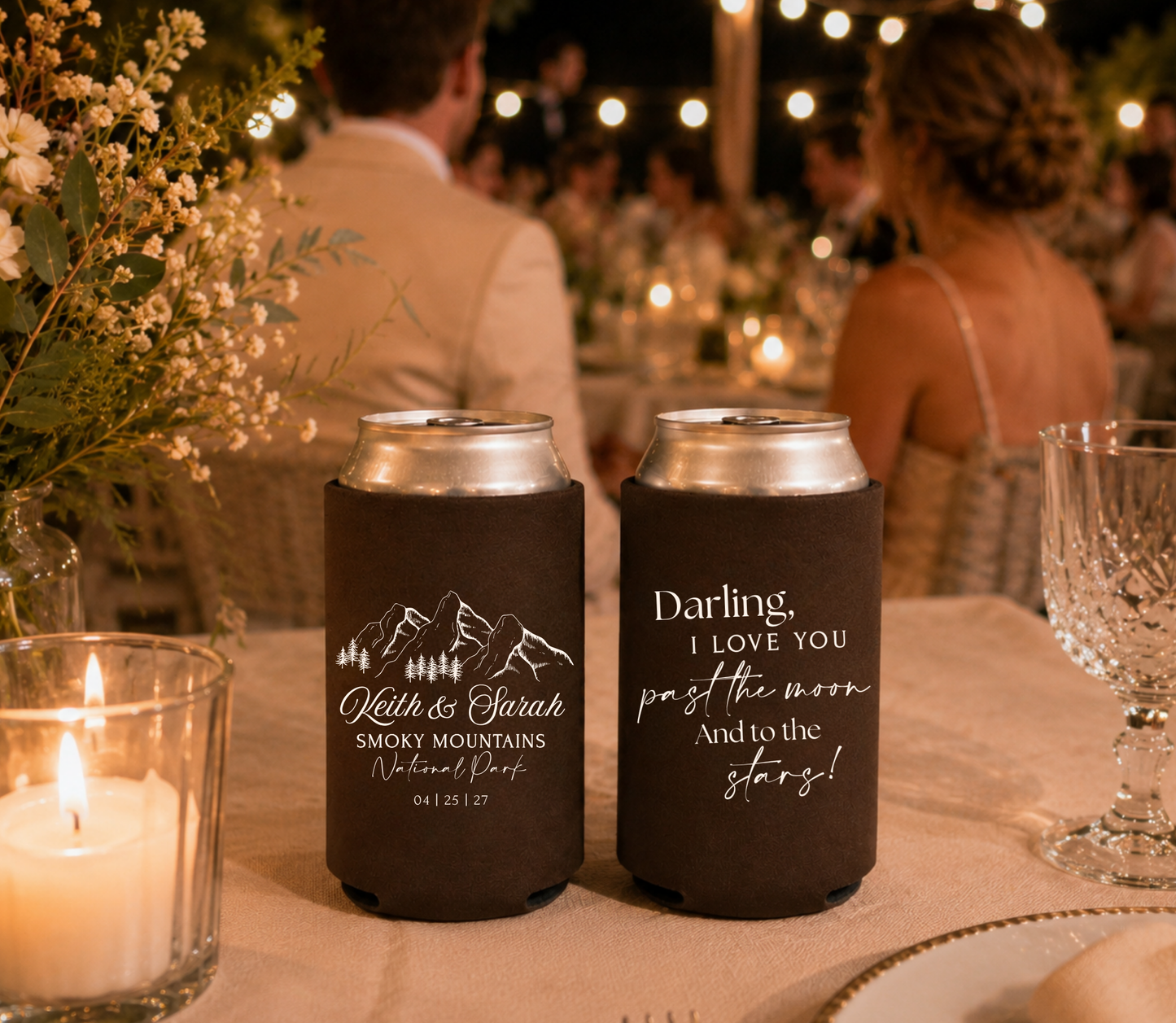 Brown personalized wedding can coolers 