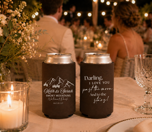 Brown personalized wedding can coolers 