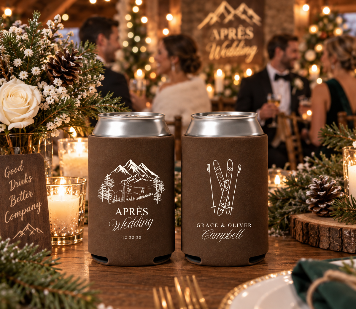 Personalized ski wedding can coolers featuring crossed skis and Grace and Oliver Campbell in elegant ivory lettering.