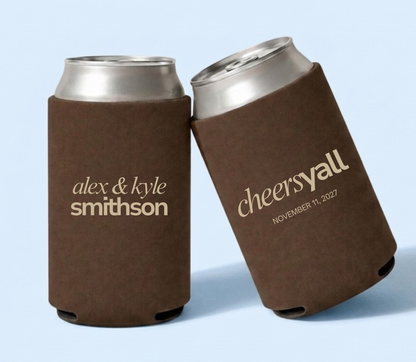 Brown personalized wedding can coolers featuring modern minimalist typography with custom couple names, family surname, and wedding date.

Personalized minimalist wedding can cooler with custom couple names.

Reusable minimalist wedding favor personalized for the couple.