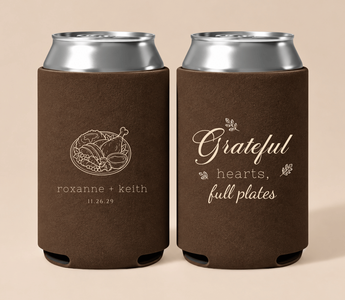 Personalized brown Thanksgiving wedding can coolers featuring a festive dinner illustration, custom couple names, wedding date, and Grateful Hearts Full Plates wording.