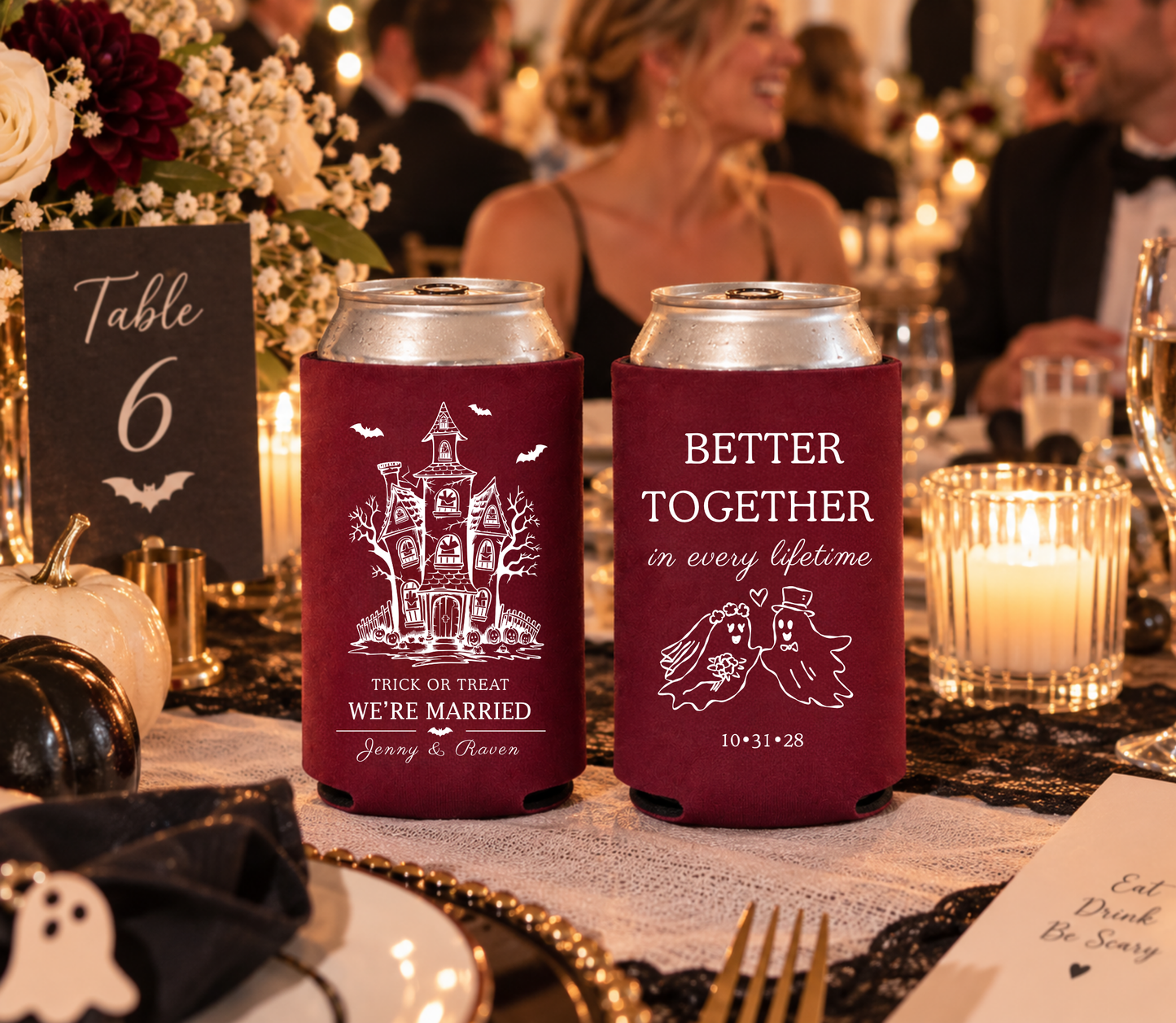 Personalized spooky wedding can coolers with bride and groom ghosts.