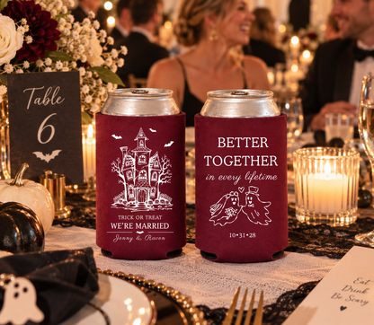 Personalized spooky wedding can coolers with bride and groom ghosts.