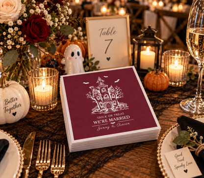 Personalized haunted house wedding cocktail napkins with custom couple names.
