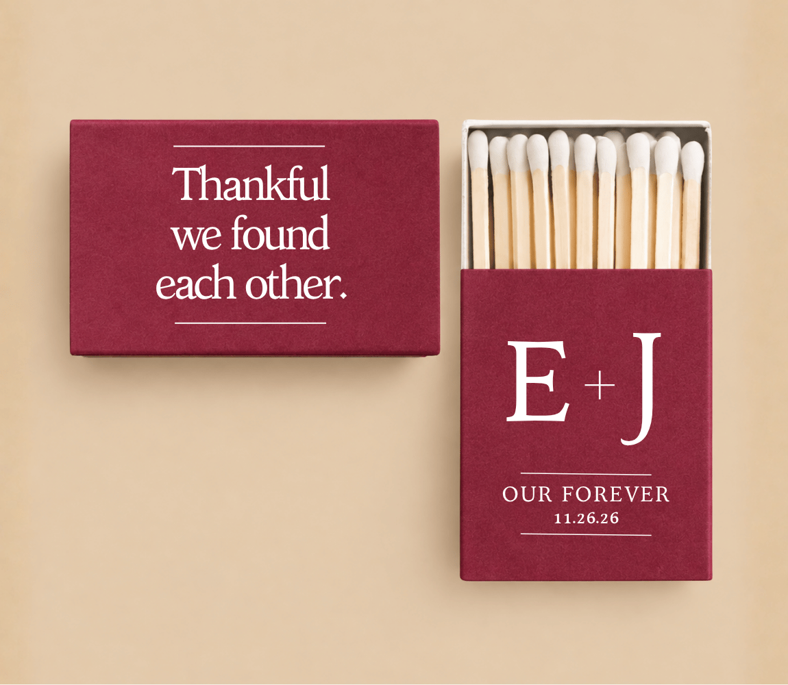 Personalized burgundy Thanksgiving wedding matchboxes featuring “Thankful We Found Each Other,” custom initials, and elegant ivory typography.