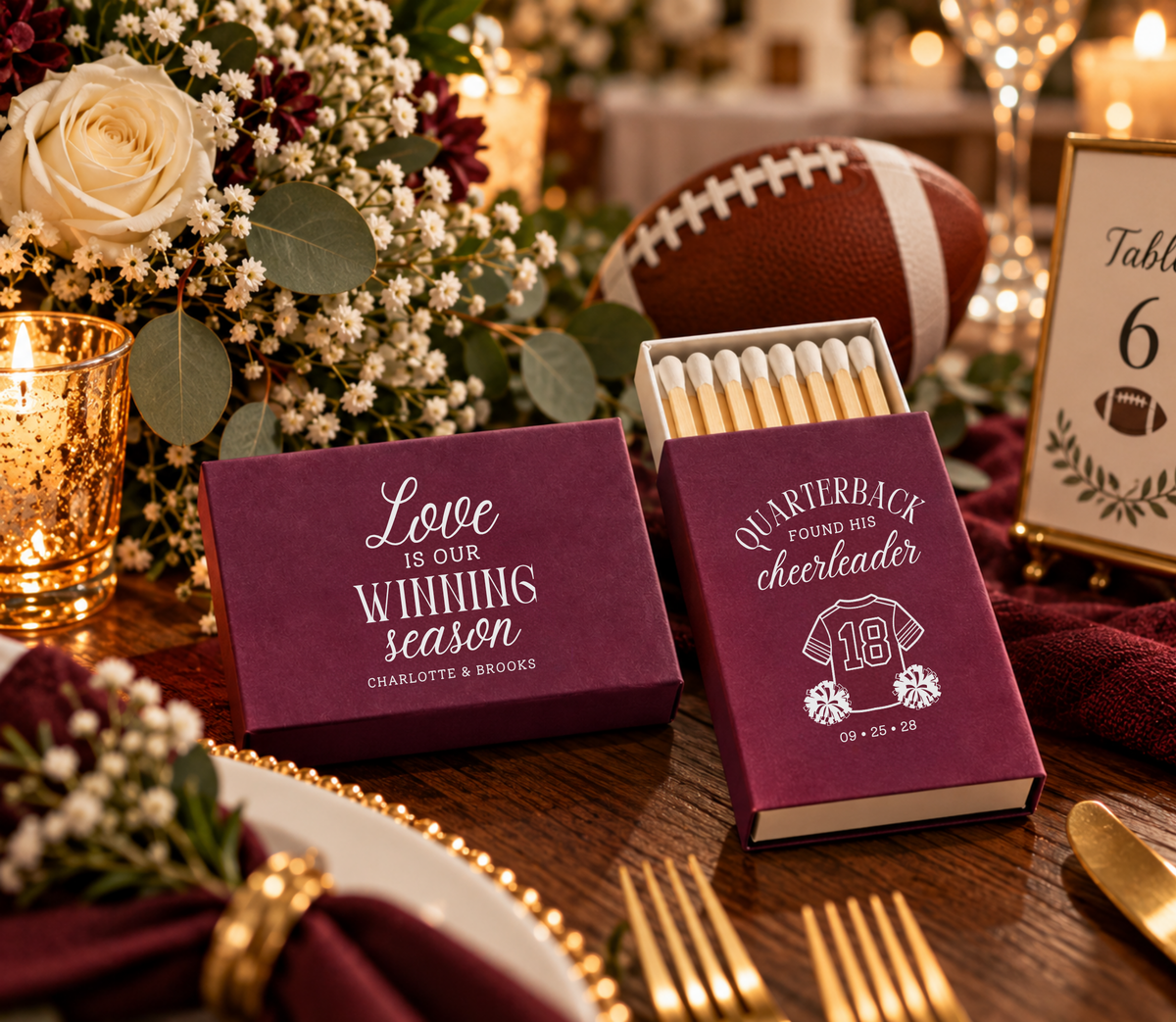 Custom sports wedding matchboxes featuring Quarterback Found His Cheerleader wording, football jersey, pom-poms, and wedding date.