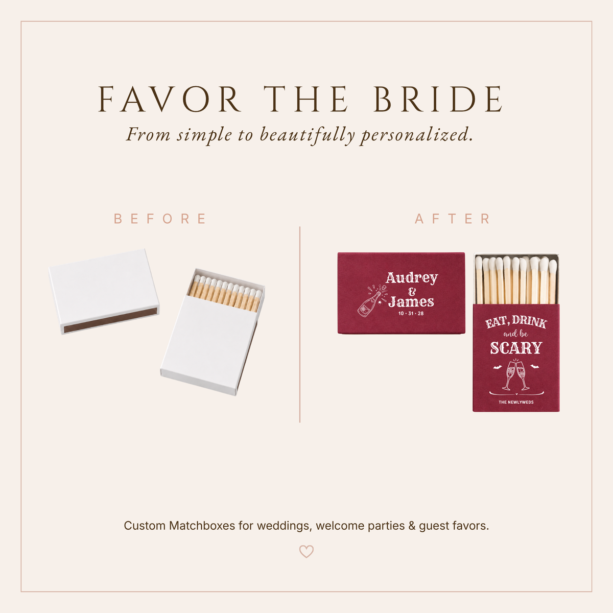 Halloween wedding favor matchboxes with Eat Drink and Be Scary lettering, champagne artwork, bats, and The Newlyweds wording.