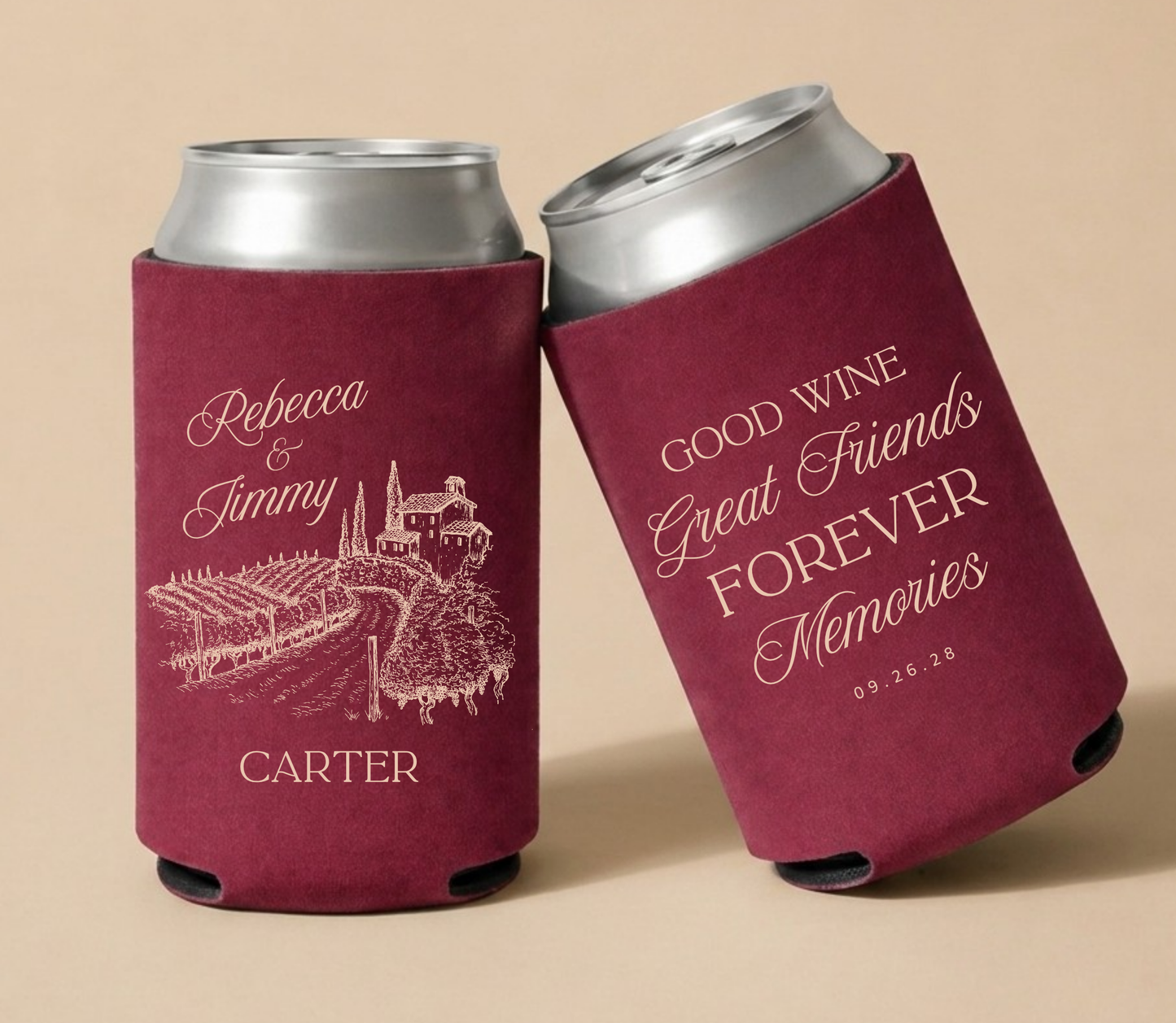 Burgundy personalized vineyard wedding can coolers featuring a vineyard landscape illustration, custom couple names Rebecca and Jimmy, Carter surname, and wedding date.