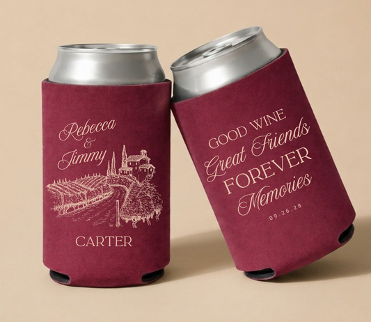 Burgundy personalized vineyard wedding can coolers featuring a vineyard landscape illustration, custom couple names Rebecca and Jimmy, Carter surname, and wedding date.