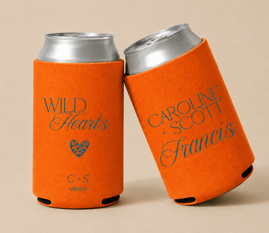 Personalized Orange Wild Hearts Wedding Can Coolers