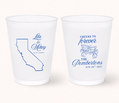 California wedding frosted cups with custom names
Personalized Cheers To Forever wedding cups
Custom California state outline wedding drinkware
Blue typography wedding favor frosted cups