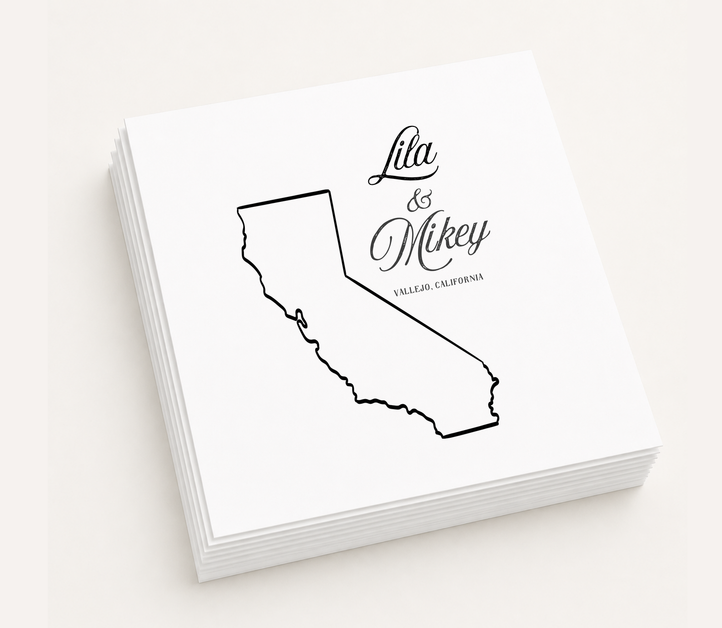 Personalized cocktail napkins featuring a California state outline with custom names and location.