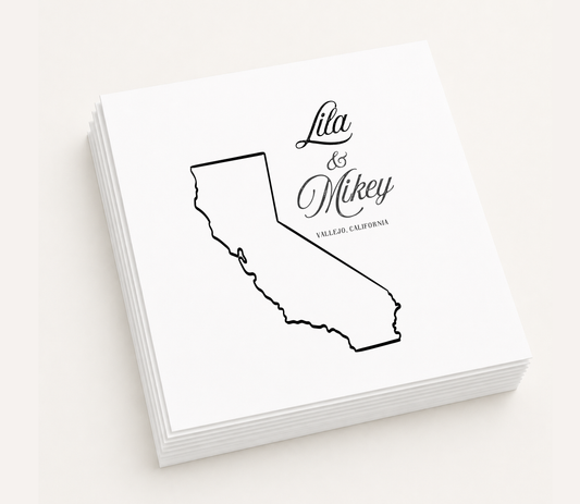 Personalized cocktail napkins featuring a California state outline with custom names and location.