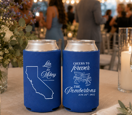 Custom California wedding can cooler with state outline design.
