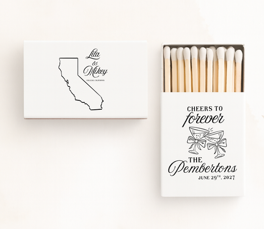 Personalized California wedding matchboxes featuring a California state outline, custom couple names, and "Cheers to Forever" artwork for destination weddings.