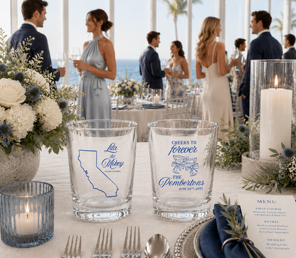 Personalized California wedding shot glasses with custom state outline and wedding details