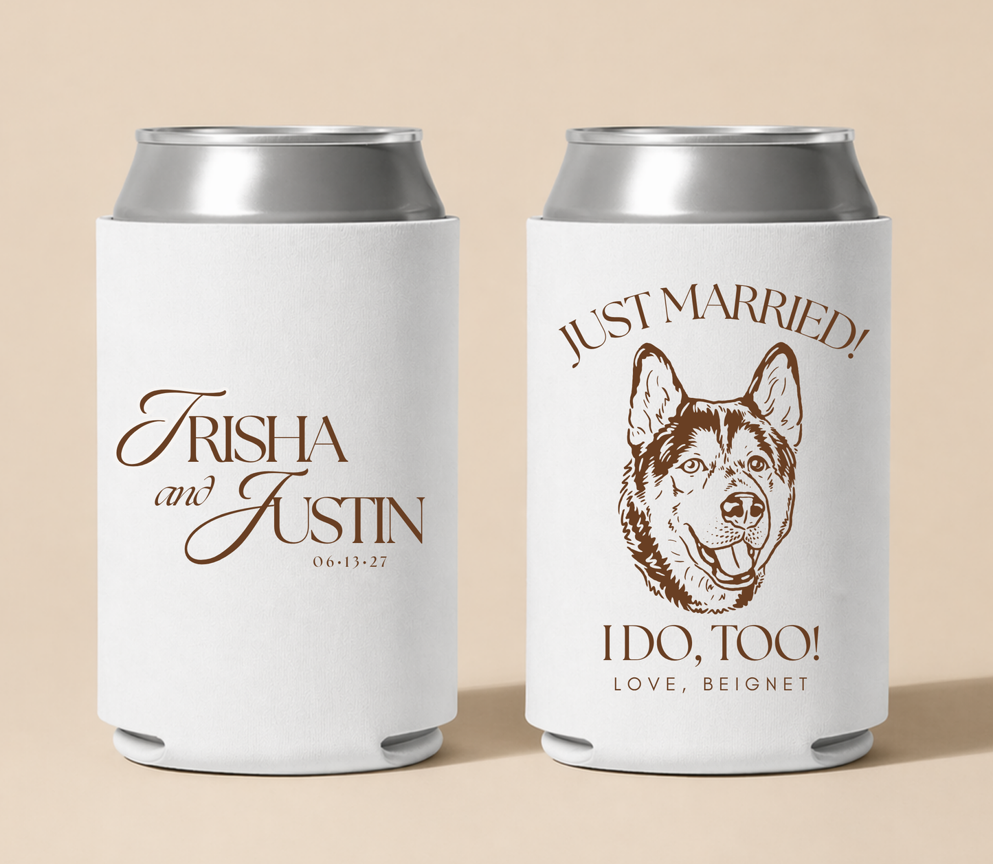 Custom dog wedding can cooler just married design
personalized pet portrait wedding favor classic style
Dog illustration wedding drink holder romantic theme
Custom dog can cooler elegant wedding design