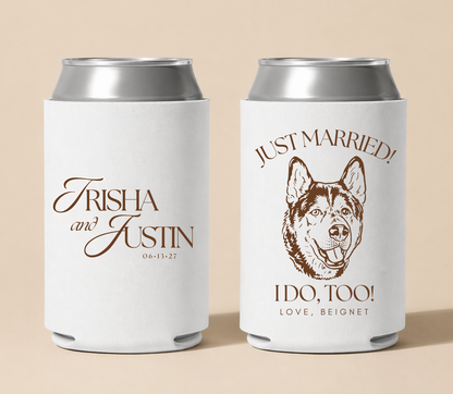 Custom dog wedding can cooler just married design
personalized pet portrait wedding favor classic style
Dog illustration wedding drink holder romantic theme
Custom dog can cooler elegant wedding design