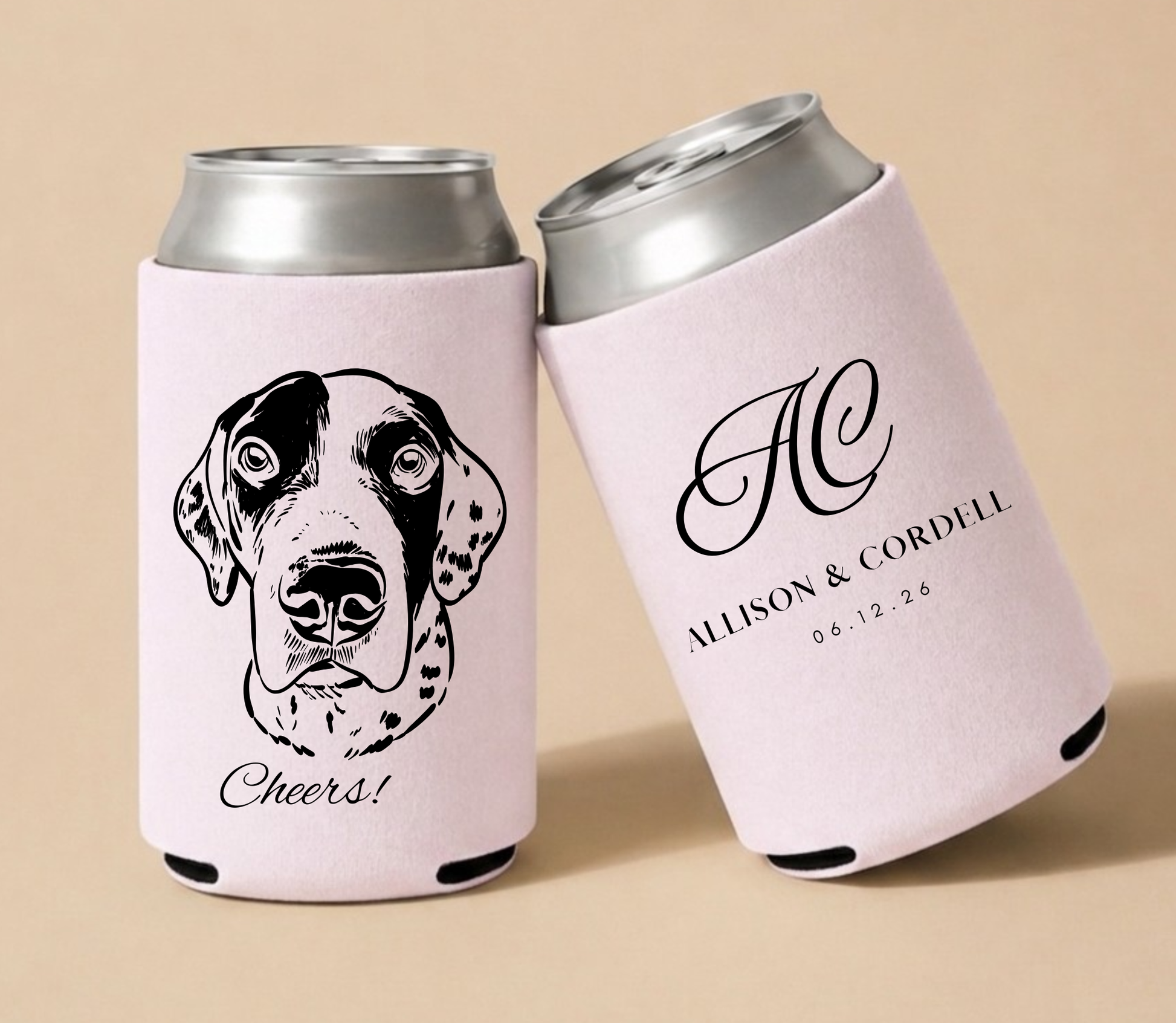 Blush personalized wedding can coolers featuring a custom dog portrait, elegant monogram, couple names, and wedding date.
