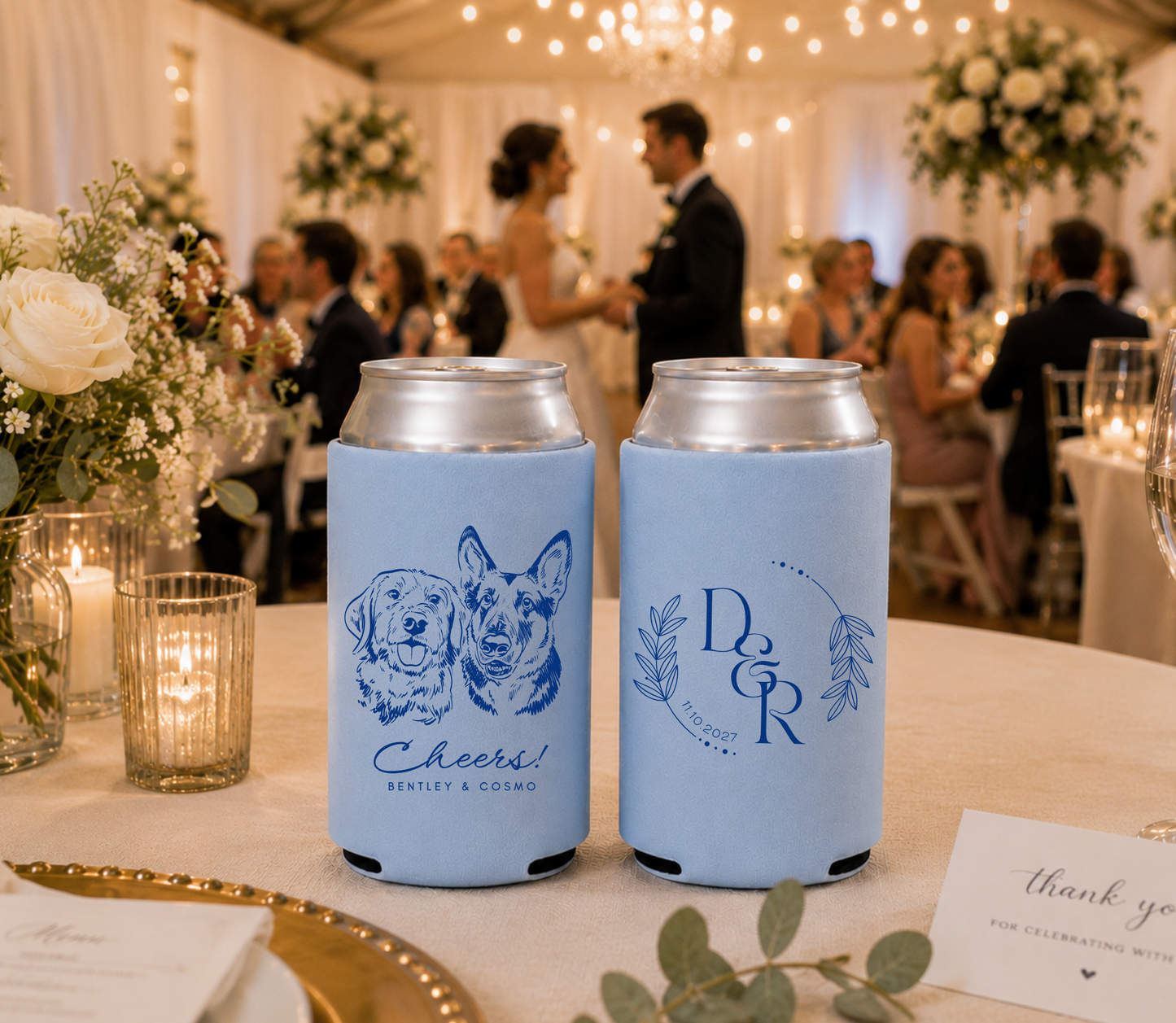 Double dog portrait wedding can cooler