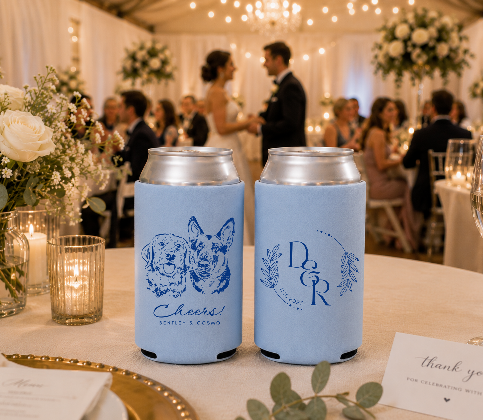 Double dog portrait wedding can cooler