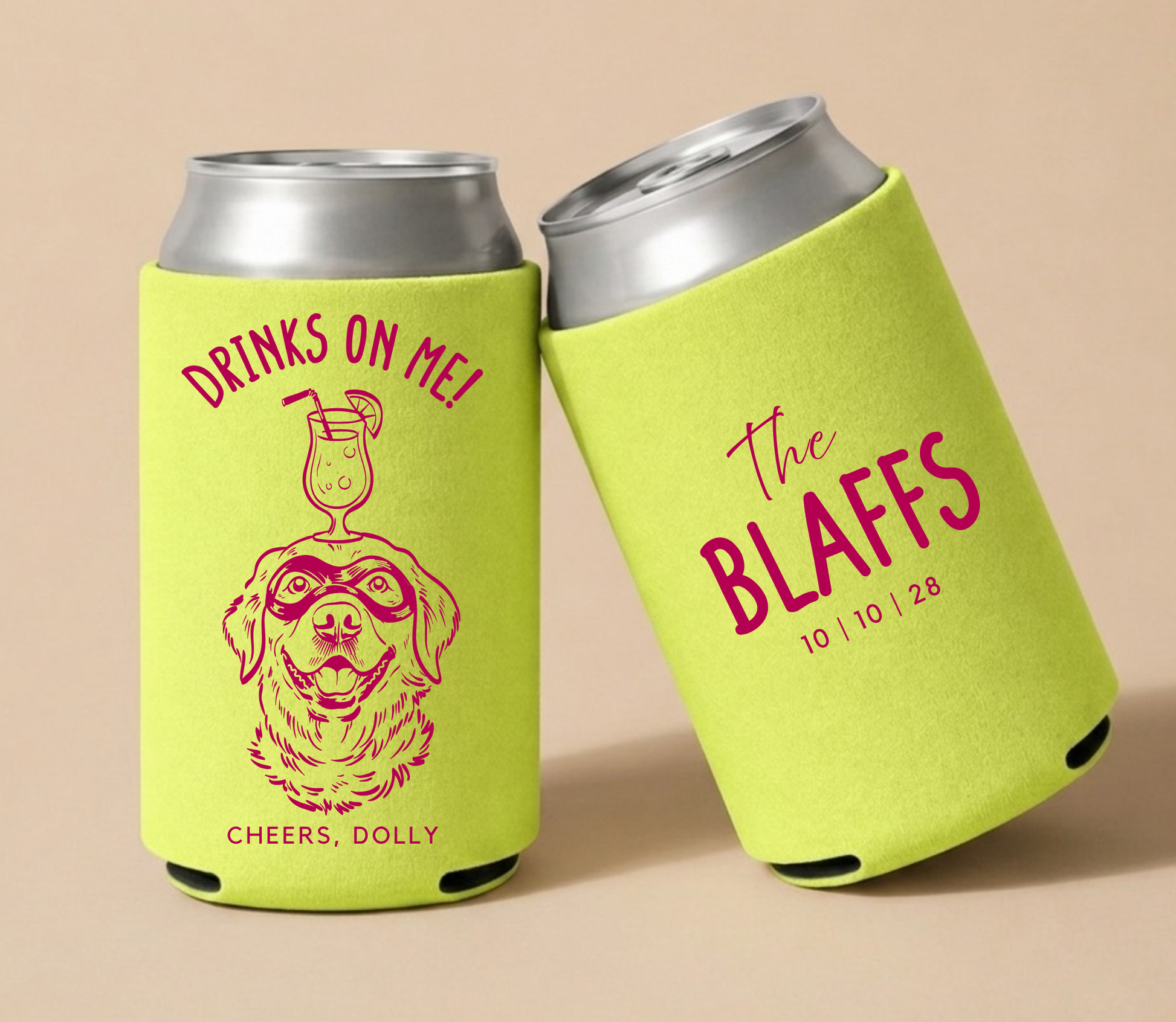 Lime green personalized wedding can coolers featuring a custom dog portrait, Drinks On Me design, couple surname, and wedding date.