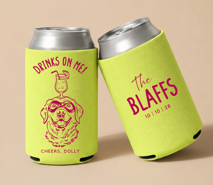 Lime green personalized wedding can coolers featuring a custom dog portrait, Drinks On Me design, couple surname, and wedding date.