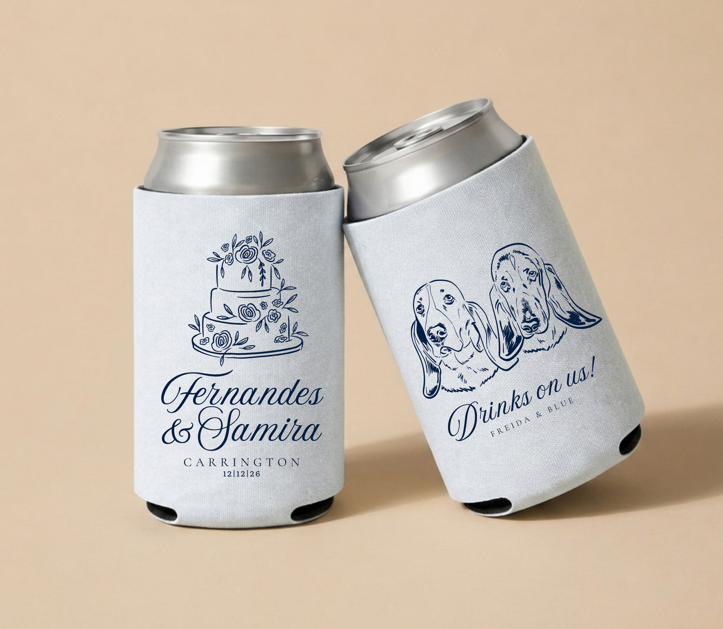 White personalized wedding can coolers featuring elegant floral wedding cake artwork, custom dog portraits, couple names, and wedding date.