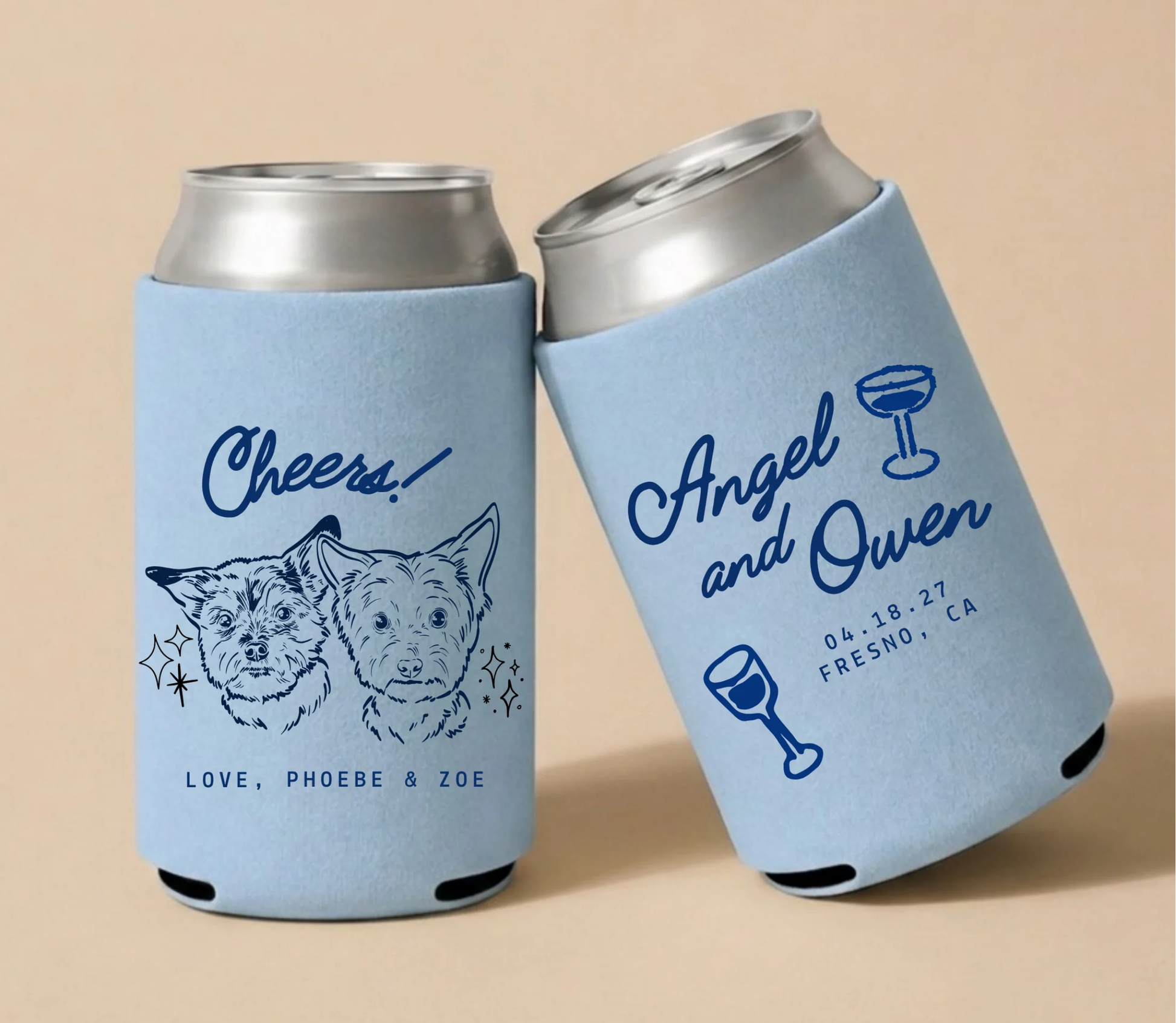 Light blue personalized wedding can coolers featuring custom portraits of two dogs with couple names, wedding date, and drink-themed artwork.