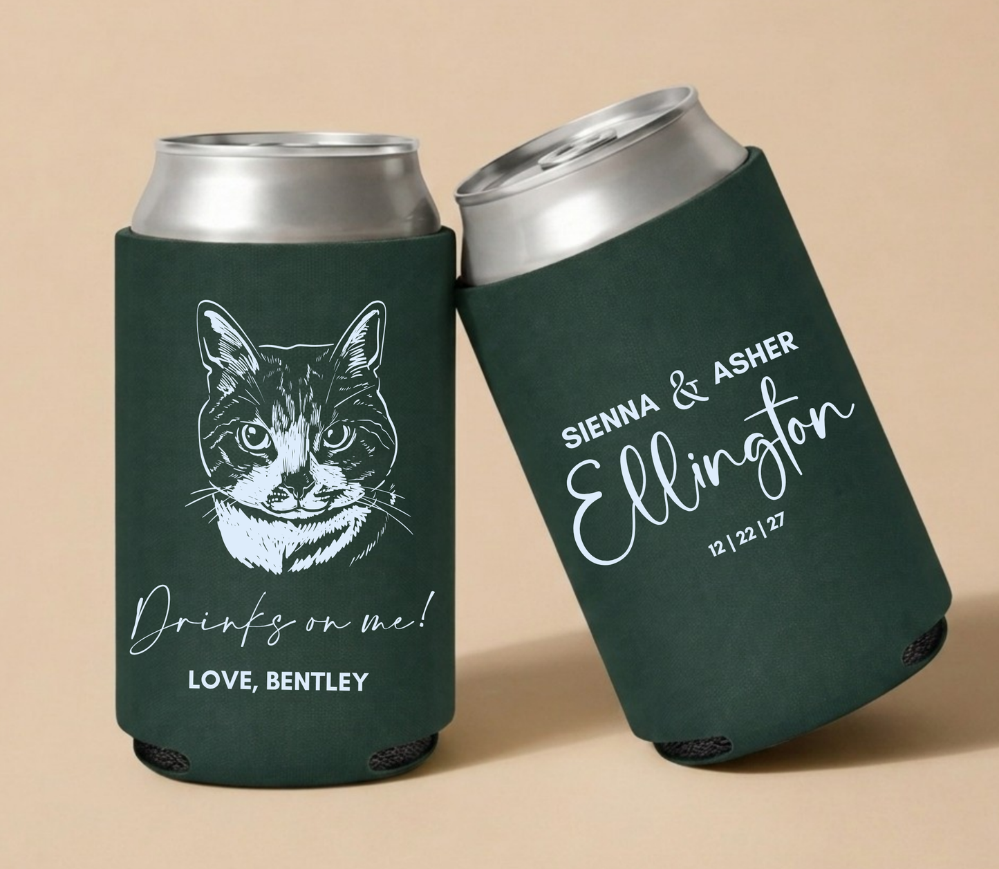 Dark green personalized wedding can coolers featuring a custom cat portrait illustration with couple names and wedding date.
