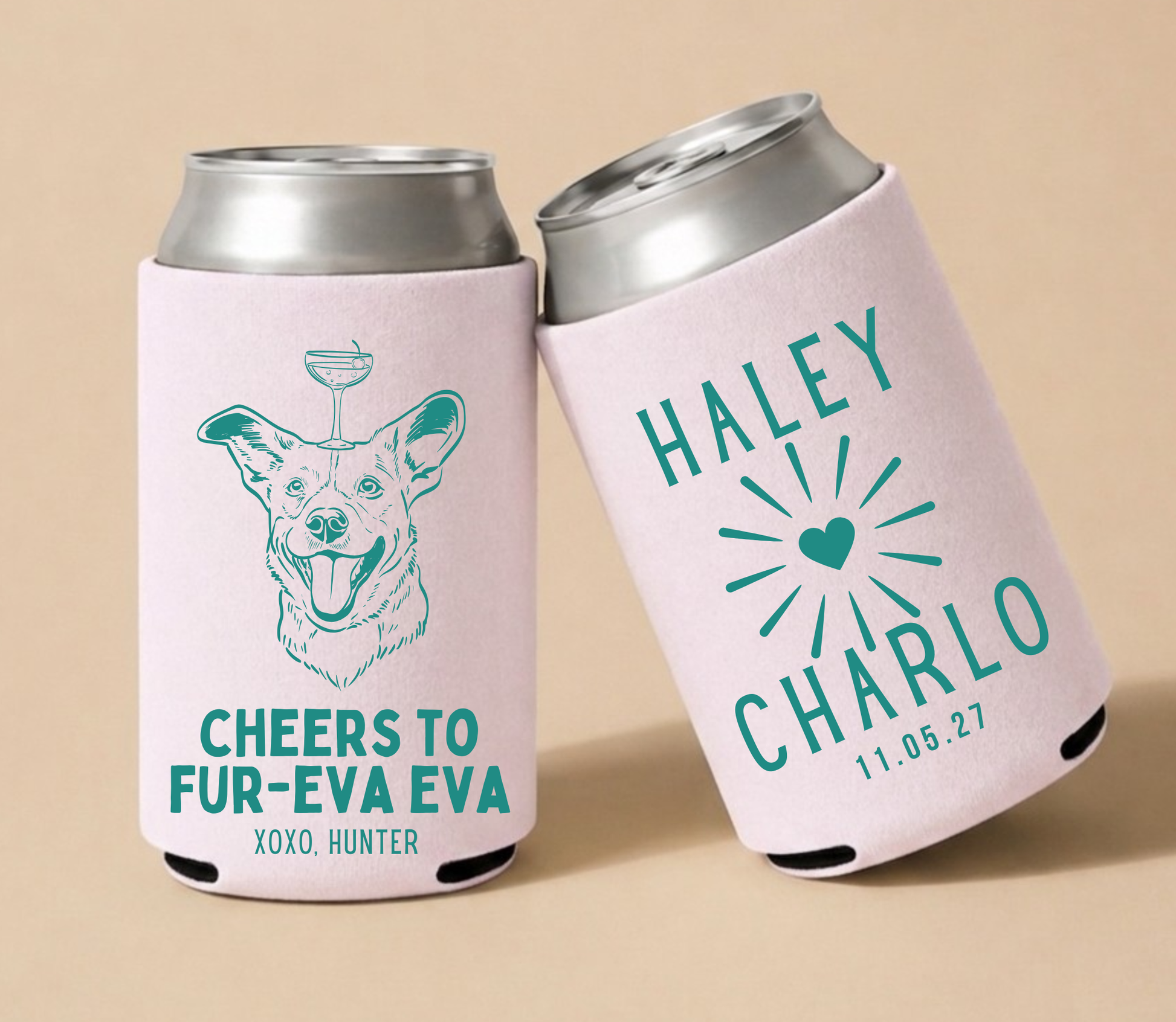 Blush personalized wedding can coolers featuring a custom dog portrait, Cheers To Fur-Eva design, couple names, and wedding date.