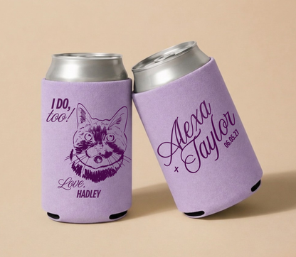Lavender personalized wedding can coolers featuring a custom cat portrait, I Do Too design, couple names, and wedding date.